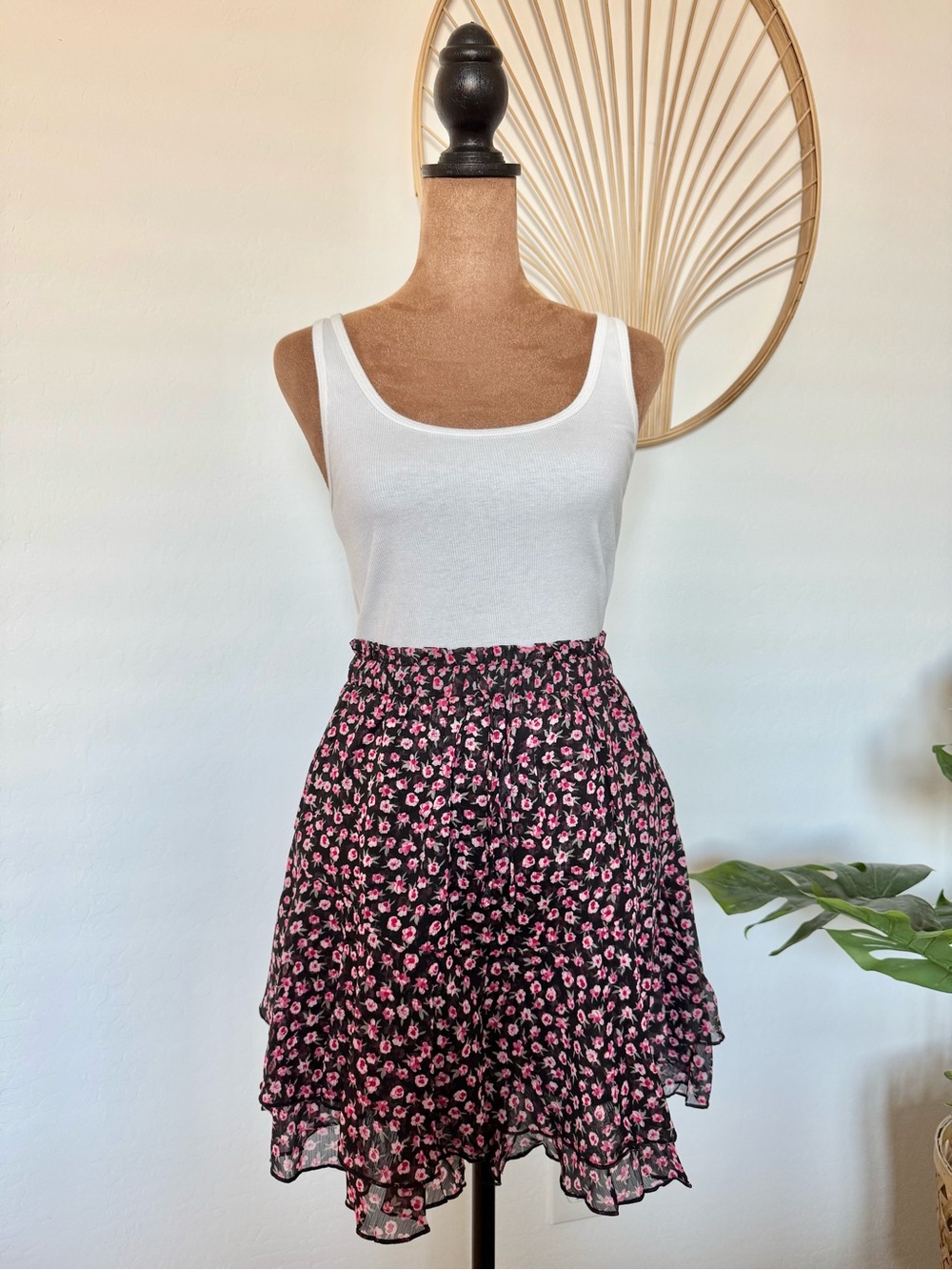 Floral Tiered Ruffle Skirt with Shorts - Black with Pink Floral